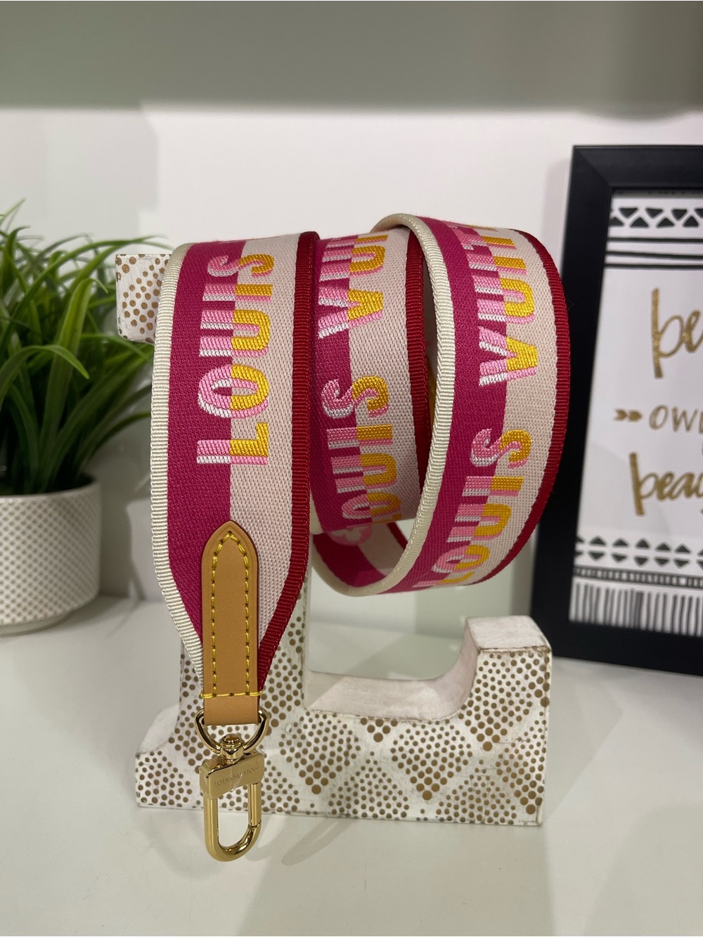 Louis Vuitton Pink Cream & Yellow Logo Canvas Guitar Strap with Gold Hardware